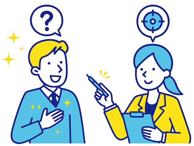 有料面接練習サービスを受ける求職者とキャリアコーチのイラスト。質問意図を理解し、回答を磨く様子を青と黄色の配色で描いた構図。