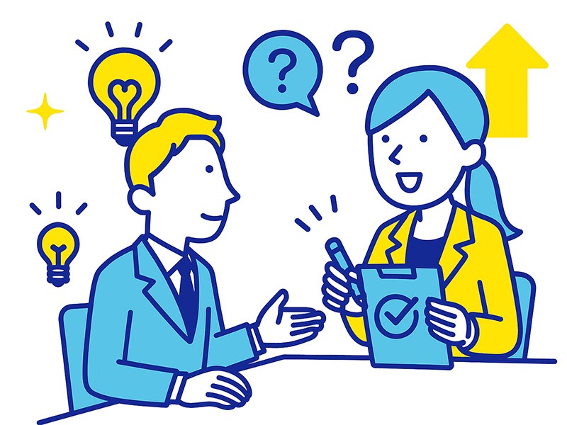有料面接練習サービスを受ける求職者とキャリアコーチのイラスト。質問意図の理解や回答の磨き上げを支援する様子を青と黄色で描写。