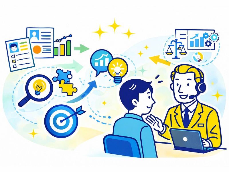 有料の模擬面接サービスで専門コーチが課題を分析し、再現性のある改善につなげる様子を表したイラスト。模擬面接の有料サービスが就活や転職の面接対策に効果的であることを示している。