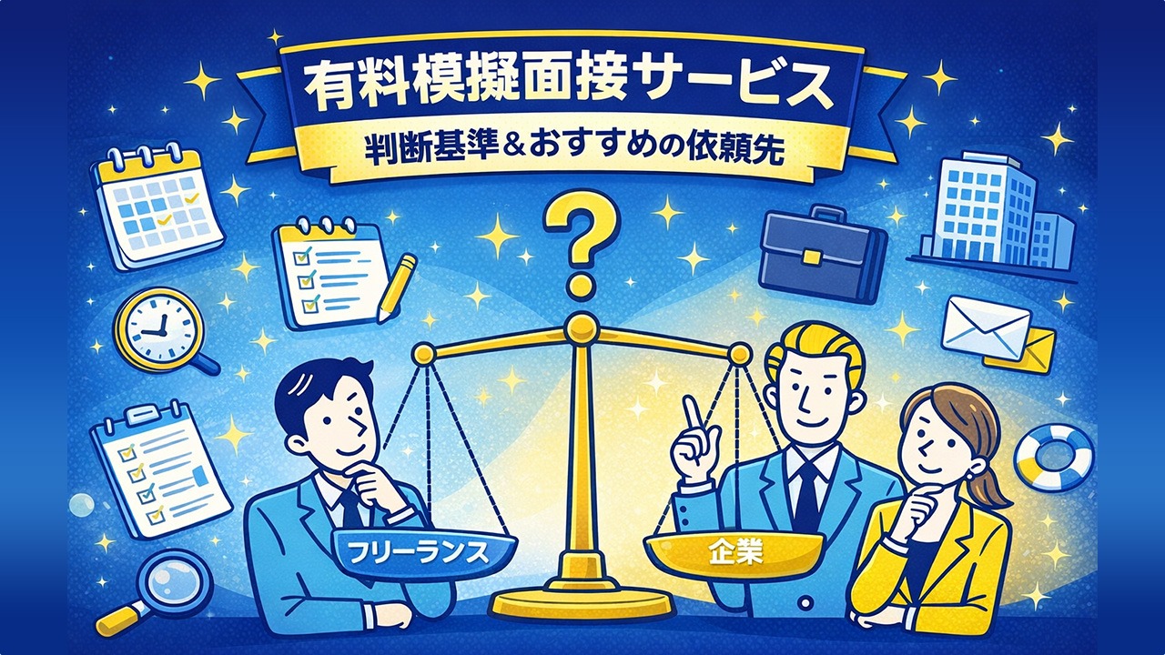 有料模擬面接サービスの判断基準とおすすめの依頼先を、フリーランスと企業を比較しながら検討する転職者を表したイラスト