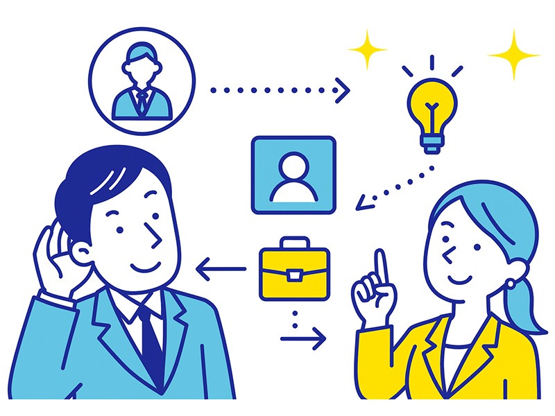 リスキリング制度におけるキャリア相談から講座受講、転職支援までの流れを表したイラスト。経済産業省のキャリア支援制度として、学びを仕事や転職につなげる仕組みを示している。