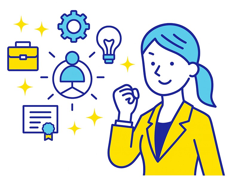 リスキリングとは何かを示すイラスト。経済産業省のキャリア支援制度により、在職者が新しいスキルを学び直し、転職やキャリアアップにつなげる仕組みを表現している。