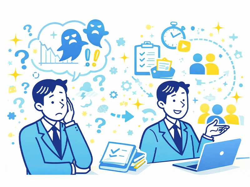 就活GDグループディスカッションに不安を感じる就活生が、事前の対策や練習によって落ち着いて参加できるようになる様子を表したイメージイラスト