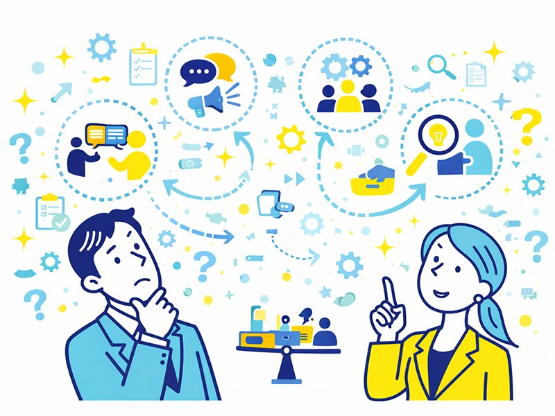 就活GDグループディスカッションにおいて発言量や役割だけでなく、考え方や他者との関わり方などの評価基準を理解する就活生のイメージイラスト