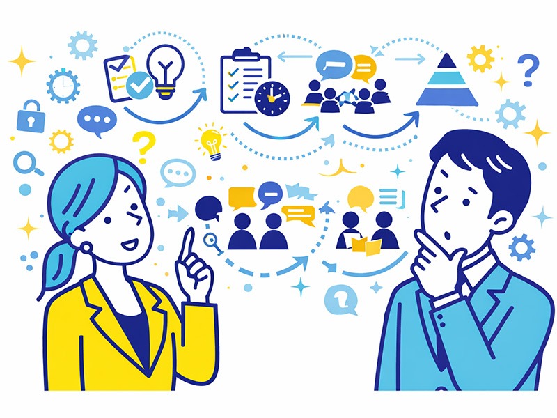 就活GDグループディスカッションの流れを理解し、評価基準や各フェーズでの関わり方を意識して落ち着いて議論に参加する就活生のイメージイラスト