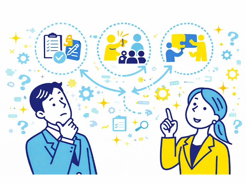 就活GDグループディスカッションにおいて司会や書記などの役割に優劣はなく、自分に合った関わり方で議論に貢献する立ち回りを考える就活生のイメージイラスト