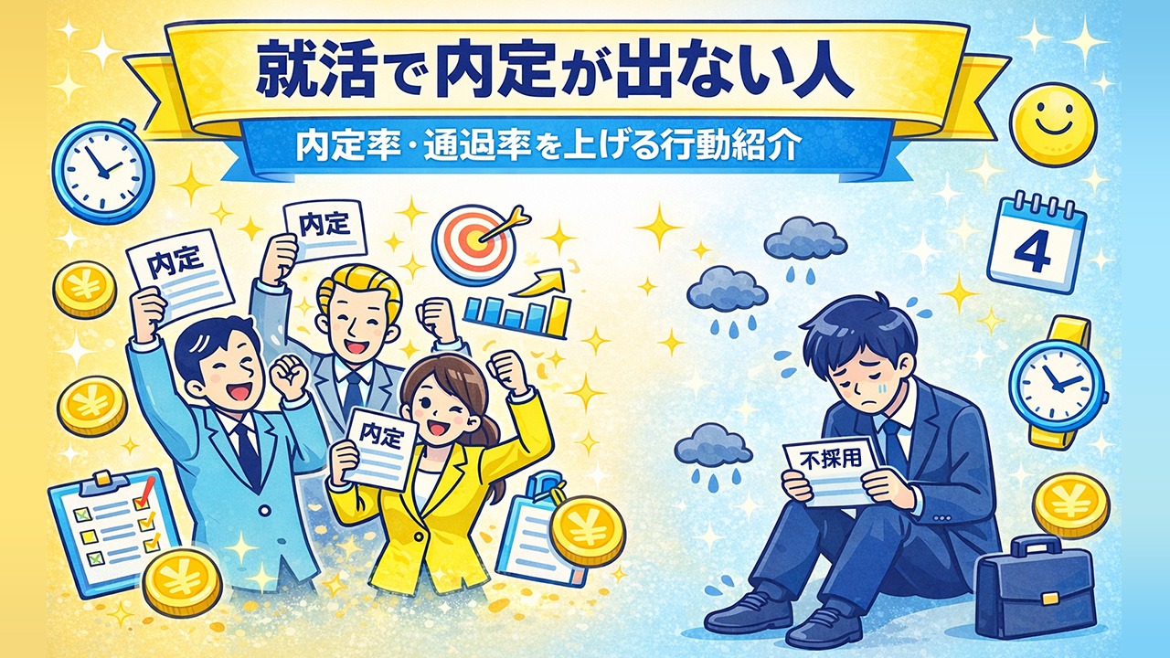 就活で内定が出ない人と内定をもらう就活生を対比し、内定率・通過率を上げる行動を解説するイメージイラスト