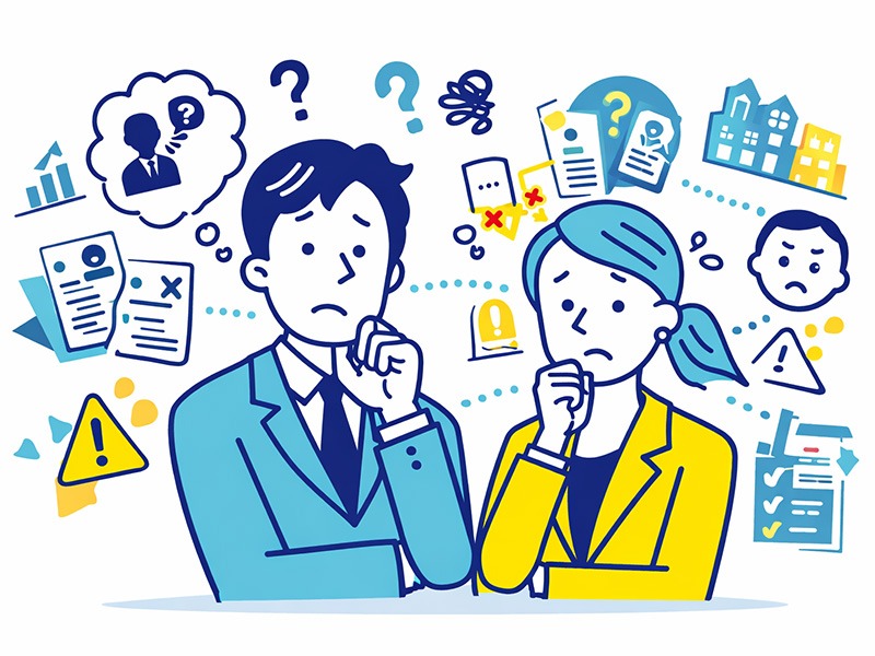 就活で内定が出ない・もらえない理由を整理したイラスト。自己分析不足や志望動機の弱さなど、選考構造とのズレに悩む就活生の様子を表現