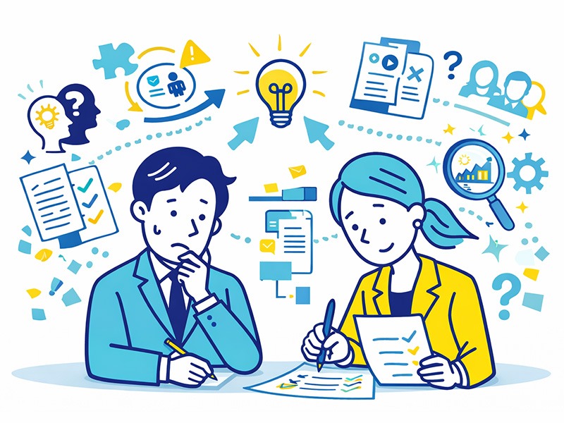 就活で内定が出ない状況を立て直すために、やり方や選考構造を見直す様子を表したイラスト。感情ではなく構造を整理して改善点を考える就活生の姿