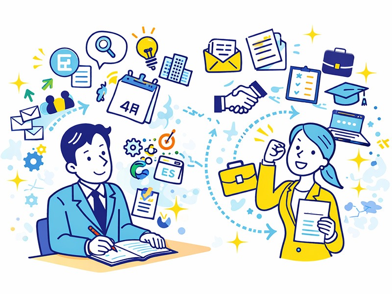 新卒の就活スケジュールの流れを月別に整理し、大学3年から大学4年の内定までの全体像を確認している大学生のイメージイラスト