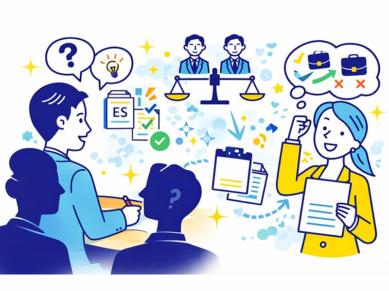 大学3年の夏から秋にかけた新卒就活スケジュールにおいて、インターン参加や選考経験を振り返り、本選考に向けた準備を進めている大学生のイメージイラスト