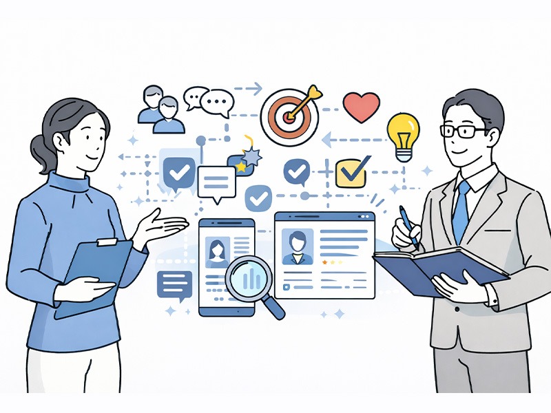 体入ドットコムの費用対効果を高めるために、誰に何を伝えるかを整理し、掲載原稿の訴求軸を設計する様子を表したイラスト