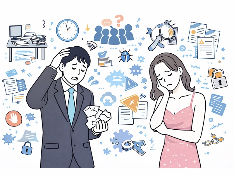 体入ドットコムの採用成功事例をもとに、店舗側が採用成功までに苦労した点や負担になりやすい課題をランキング形式で整理したイメージイラスト