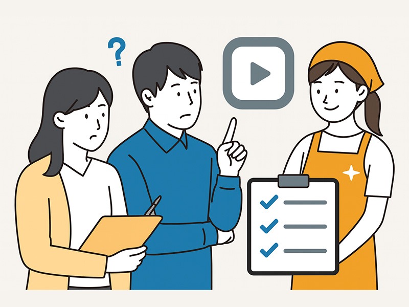 動画編集代行を依頼する前に必要な確認項目を話し合う3人（スーツ姿の男女と居酒屋制服の女性）が、チェックリストや再生ボタンを背景に検討しているイラスト