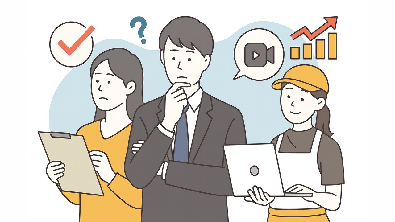動画編集代行の依頼先を考える3人（私服姿の女性・スーツ姿の男性・居酒屋制服の女性）と、チェックリストや成果を象徴するアイコンのイラスト