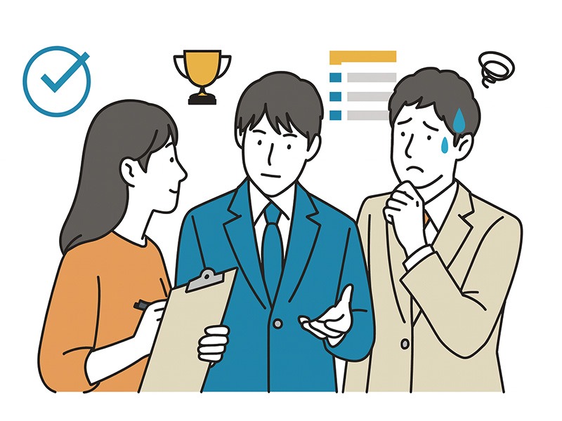 動画編集代行の選び方を話し合う3人（スーツ姿の男女とカジュアルな男性）が、料金・納期・実績・サポートを象徴するアイコンを背景に検討しているイラスト