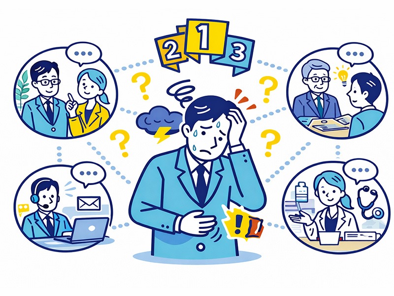 仕事の悩みランキングから見る相談先をテーマに、仕事ストレスを抱えた会社員と相談相手の選択肢をアイコンで表したイラスト