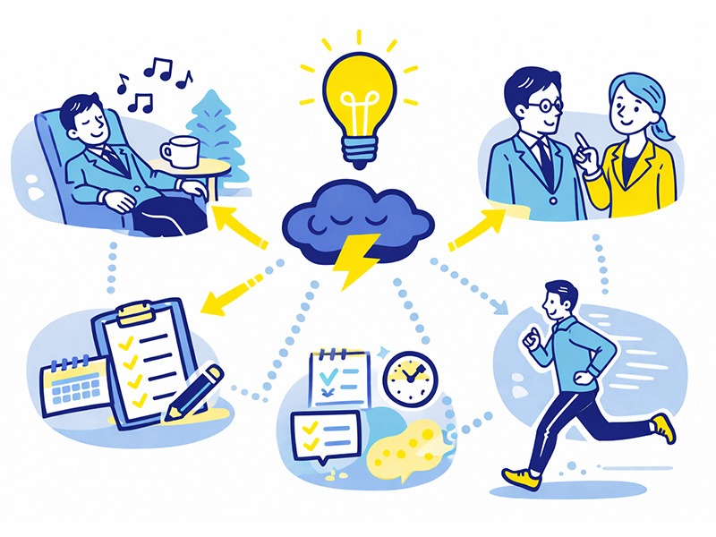 仕事ストレスの対処法と行動整理をテーマに、休息・相談・タスク整理・運動など複数の対処法をアイコンで示したイラスト