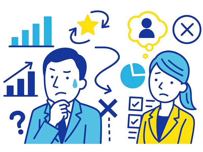 仕事の悩みランキングに関するイメージ画像。評価やキャリアの悩みに不安を抱える社会人を描いたイラスト。