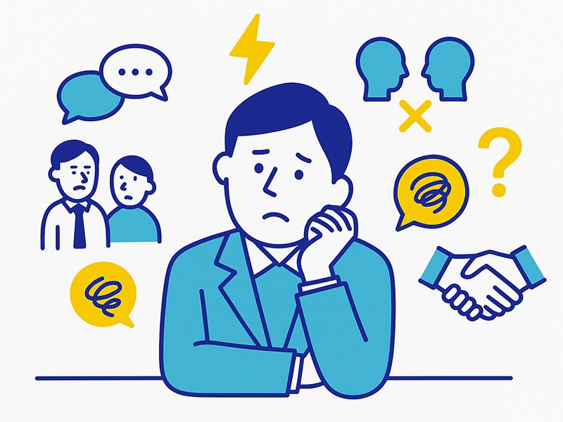 仕事の悩みランキングの中でも、人間関係の悩みを抱えている社会人が職場で相談できずストレスを感じている様子を示すイラスト