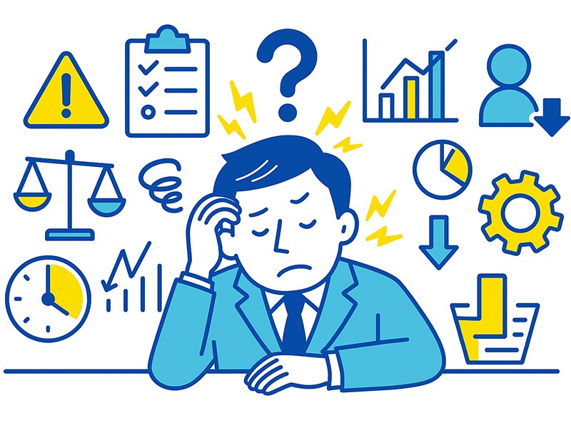 仕事の悩みランキングの中でも、仕事内容の偏りや業務量の多さに悩む社会人がストレスを抱える様子を示すイラスト