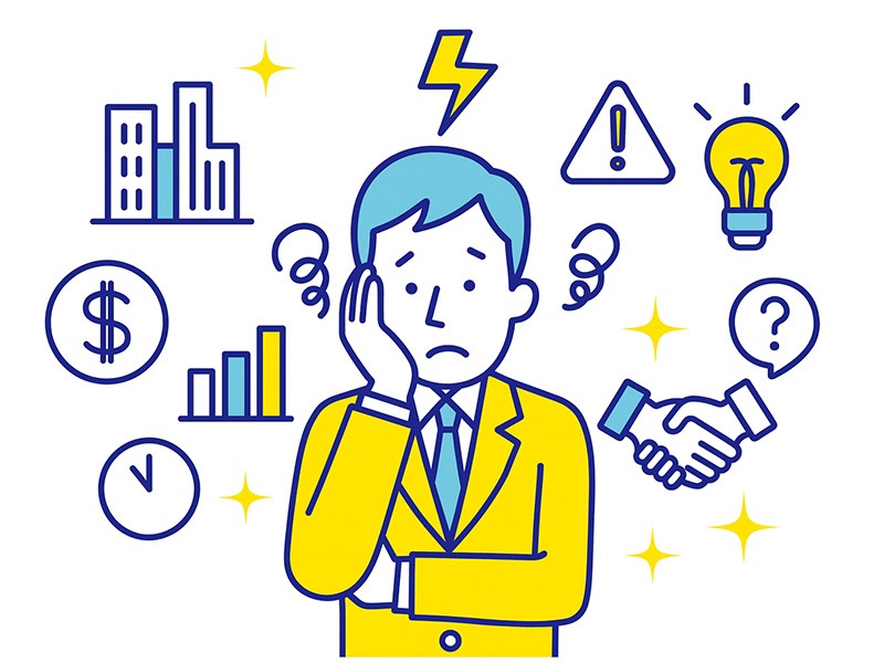 職場環境の仕事の悩みランキングをイメージしたイラスト。社員が悩む様子と複数のストレス要因アイコンを配置した図。