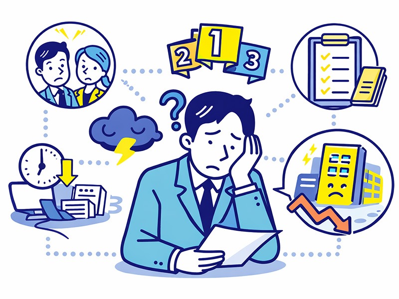 仕事・職場の悩みランキングをテーマに、人間関係・仕事内容・評価など複数の原因を整理して考える会社員のイラスト