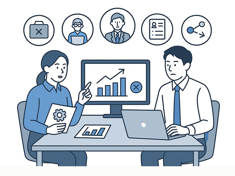 バイトルNEXT掲載で反響が得にくい職種を表すイラスト。若手社員がIT系・専門職・管理職などの求人データを分析し、応募傾向を話し合う横長構図。