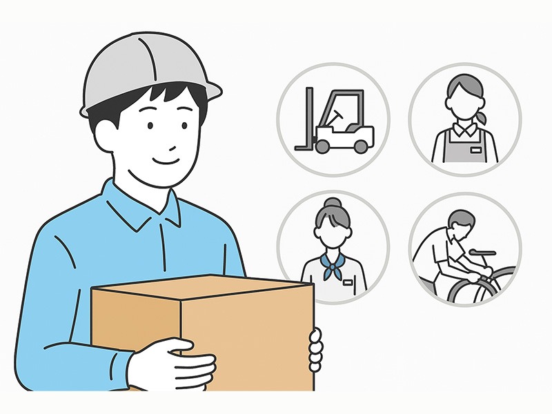 バイトルNEXT掲載で応募が集まりやすい職種を表すイラスト。若手社員が軽作業・販売・接客などのデータを分析し、応募傾向を整理しているシーン。