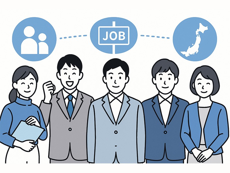 バイトルNEXT掲載の特徴とターゲット層を表すイラスト。若手社員が求人戦略を話し合い、応募・正社員・キャリア形成などのアイコンが並ぶ横長構図。