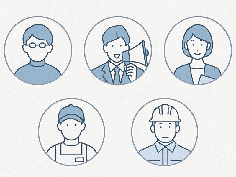 typeオプション活用事例を職種別に表したアイコン（ITエンジニア／営業職／事務職／サービス業／製造業）