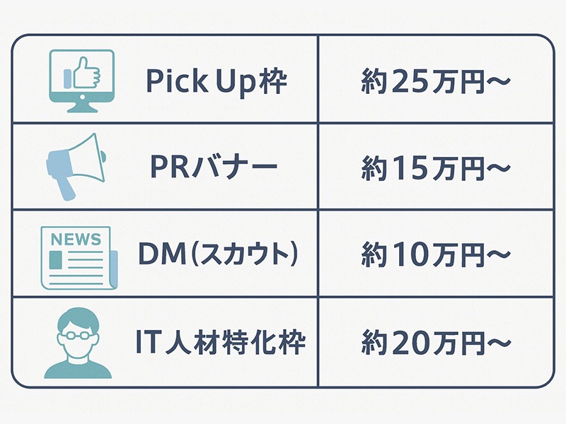 typeオプションの料金と効果を一覧で示したイラスト（Pick Up枠／PRバナー／DM／IT人材特化）