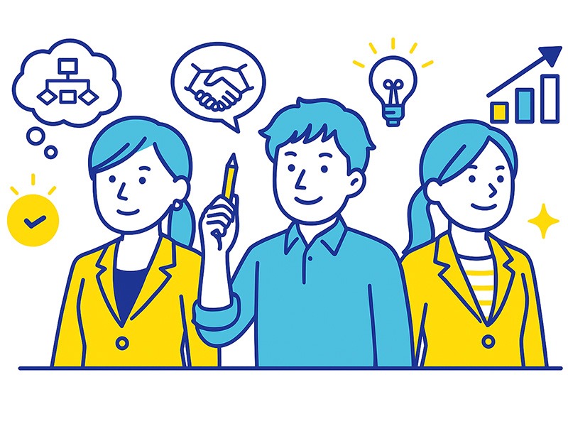 20代の診断タイプ別に向いている仕事を表現したイラスト。計画タイプ・サポートタイプ・創造タイプ・行動タイプの特徴を示すアイコンを配置した画像。