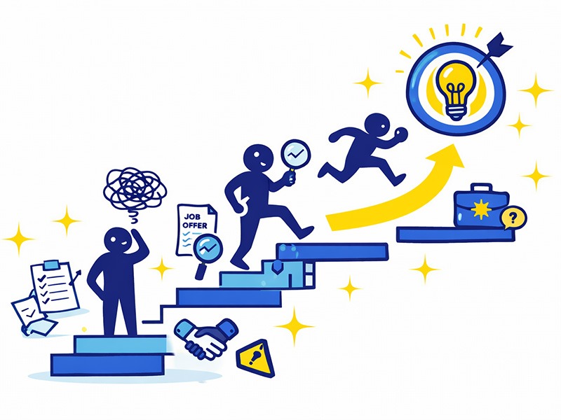 30代で何がしたいか分からない迷いを、小さな行動を積み重ねて解消していく流れを表したイラスト