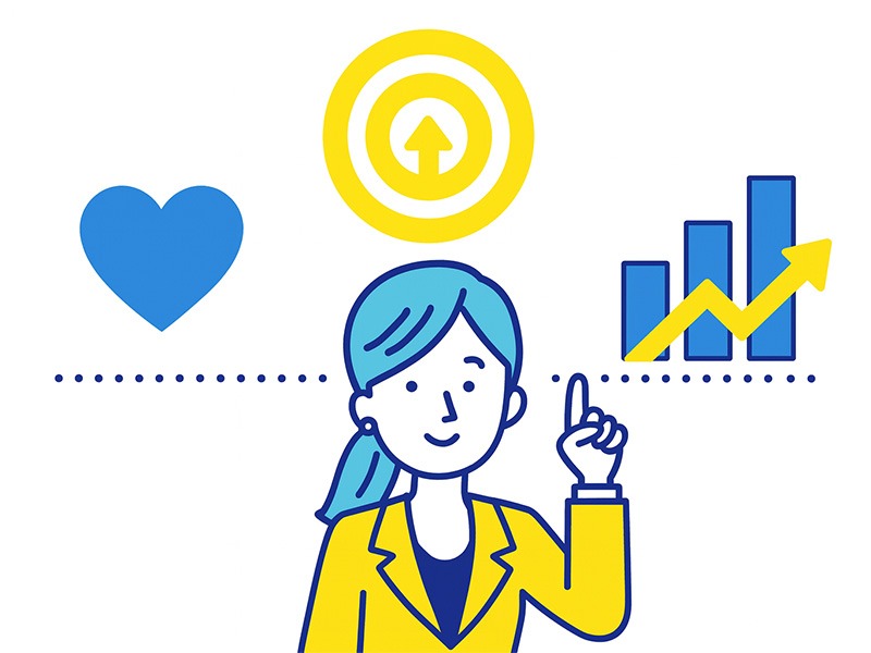 30代で何がしたいかわからない人が三つの判断軸を整理する様子を示したフラットイラスト