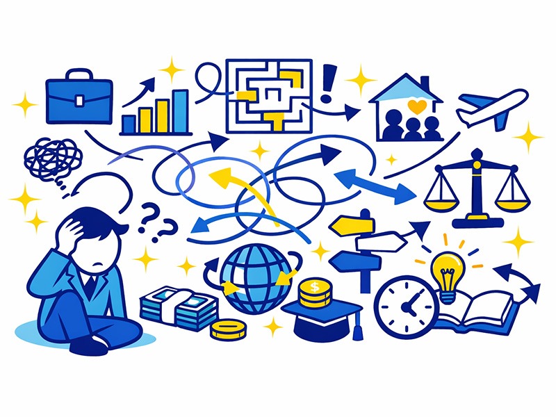 30代で何がしたいか分からない理由を、仕事・家庭・お金・選択肢の多さなどの要素で構造的に表したイラスト