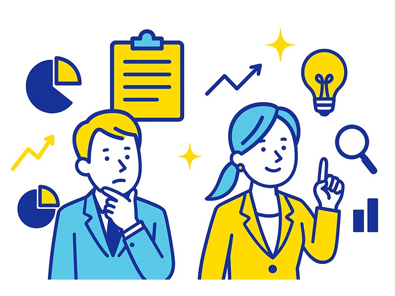 30代で何がしたいかわからない人が経験を棚卸しして適職診断ステップを整理する様子を描いたフラットイラスト