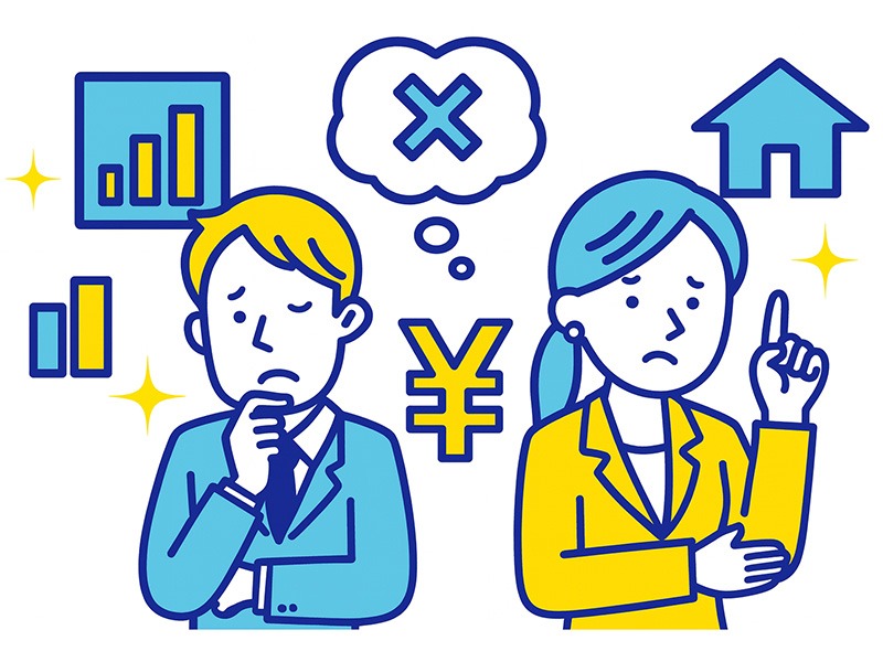 30代で何がしたいかわからない人が年収や働き方など複数の条件を整理して無理のないキャリア戦略を考える様子を描いたフラットイラスト