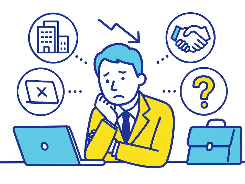 30代で何がしたいかわからない状態の背景要因を表現したフラットイラスト