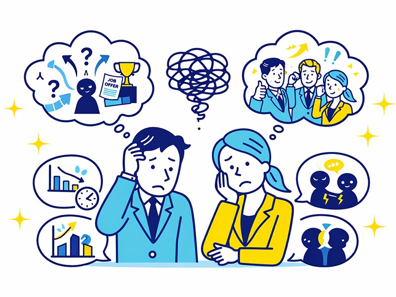 30代でやりたい仕事が分からない原因を、思考の偏りや比較・焦りなどの共通パターンとして整理したイラスト