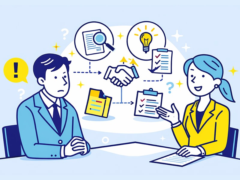 転職回数が多い30代の面接対策を表すイラスト。中途採用の面接で一貫性や信憑性を確認する様子を図解