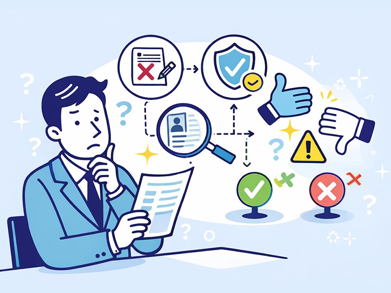 転職回数が多い30代が回数をごまかすリスクと評価への影響を示すイラスト。中途採用での信頼性確認と合否判断を図解