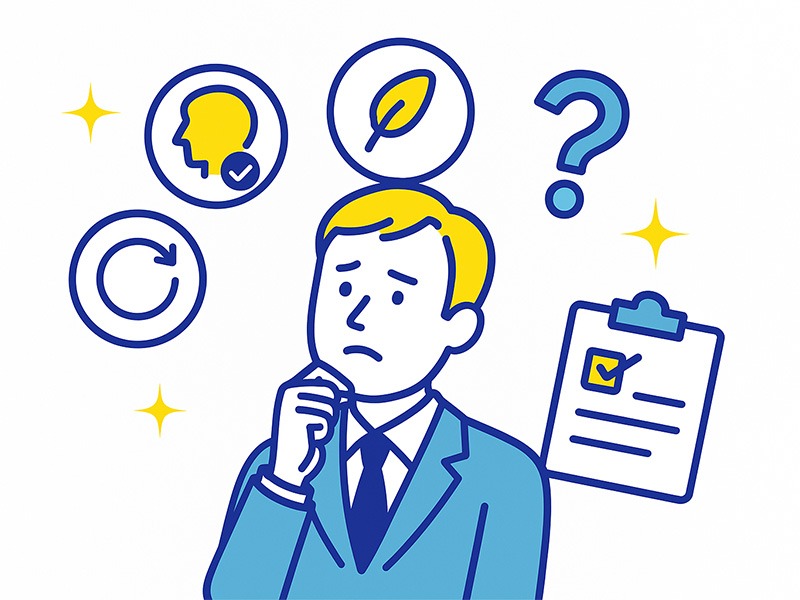 40代向けの適職診断で、役割適合性や負荷の少なさ、継続性をチェックする様子を示したイラスト。診断結果を働き方の判断材料として活用する構図。