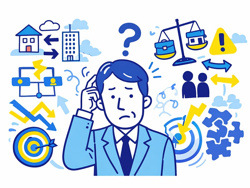 40代で何がしたいか分からない理由を、役割変化や環境の揺らぎとともに整理しているイラスト