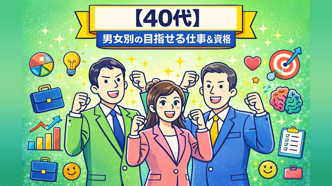 40代の男女がやる気に満ちた表情で、男女別に目指せる仕事や資格をイメージしているイラスト