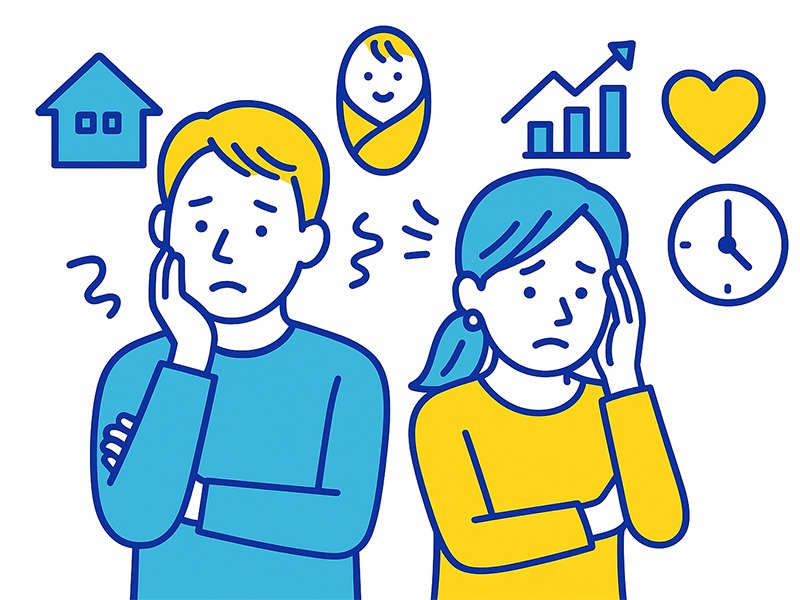 40代がやりたいことがわからない理由を表すイラスト。役割の増加や家庭・健康など複数の要因が重なり、判断が難しくなる様子を示した構図。