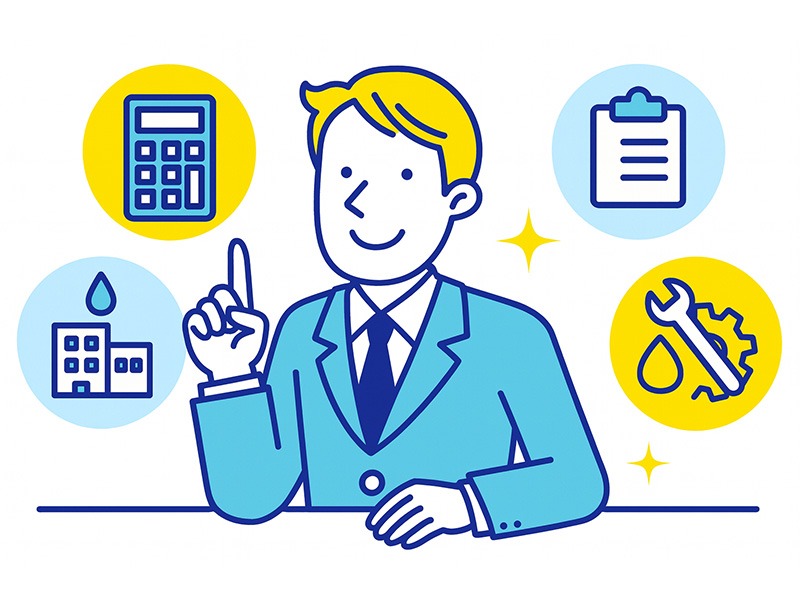 40代から始める仕事の中でも、経験を活かしやすい職業を象徴する経理・医療事務・不動産管理・ビルメンテナンスのアイコンと社会人を組み合わせたイラスト。