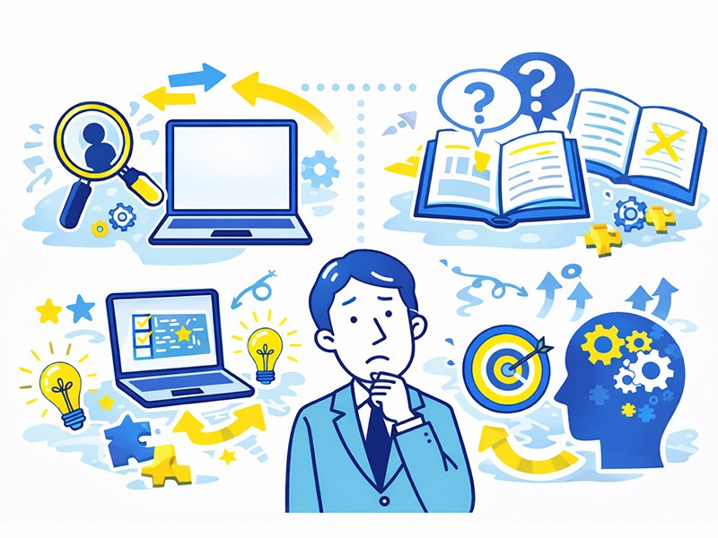 40代向け適職診断の使い方として、診断結果に振り回されず自己理解を深める判断軸を整理するイラスト