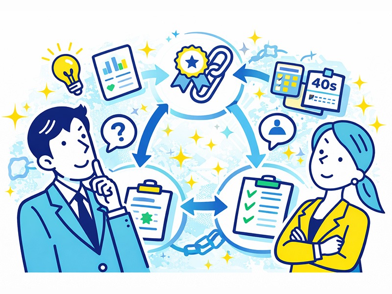 40代で転職回数が多い場合に企業が評価する一貫性や退職理由の整合性を、アイコンで整理したイラスト