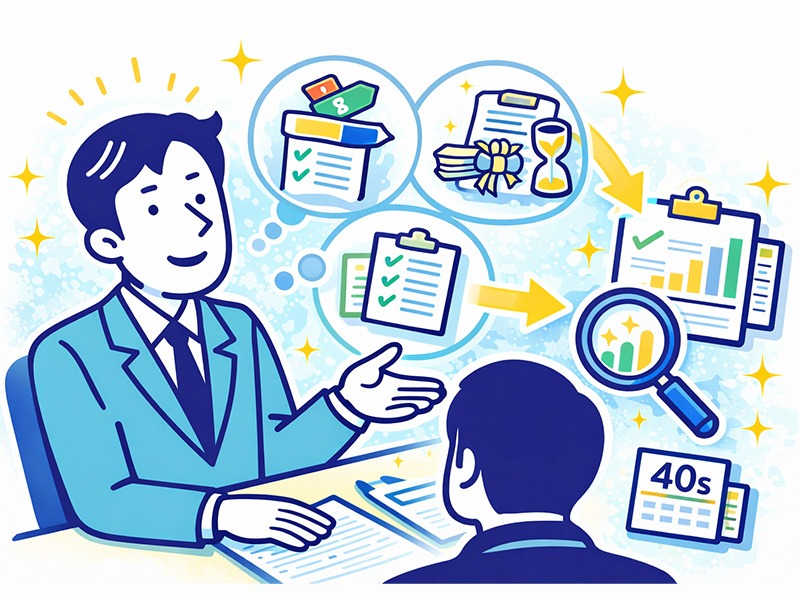 40代で転職回数が多い人が面接で自己紹介や退職理由を整理し、一貫性ある説明で信頼を得る様子を表したイラスト